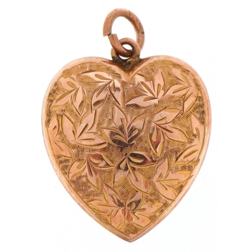 2398 - Edwardian 9ct rose gold floral engraved love heart pendant, Chester 1908, 1.9cm high, 1.1g