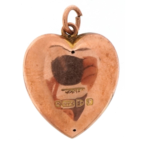 2398 - Edwardian 9ct rose gold floral engraved love heart pendant, Chester 1908, 1.9cm high, 1.1g