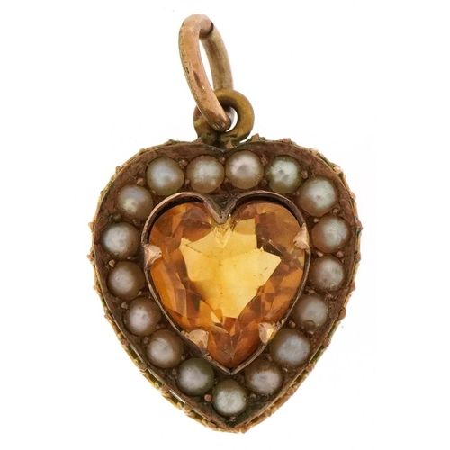 2195 - 9ct gold citrine and seed pearl love heart pendant, 1.8cm high, 2.2g