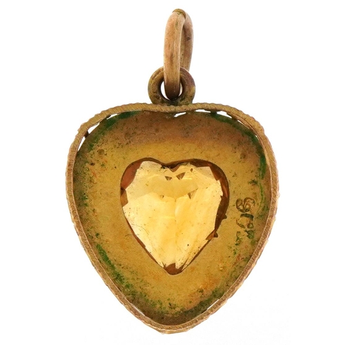 2195 - 9ct gold citrine and seed pearl love heart pendant, 1.8cm high, 2.2g