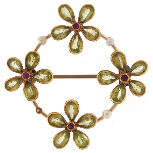 2085 - Art Nouveau 15ct gold green tourmaline, ruby and seed pearl flower head brooch, 3.5cm high, 5.7g