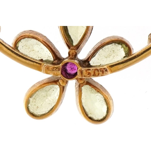 2085 - Art Nouveau 15ct gold green tourmaline, ruby and seed pearl flower head brooch, 3.5cm high, 5.7g