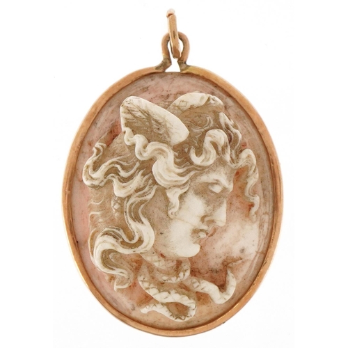 2234 - Victorian cameo shell pendant carved with a bust housed in a yellow metal mount, 3cm high, 7.8g