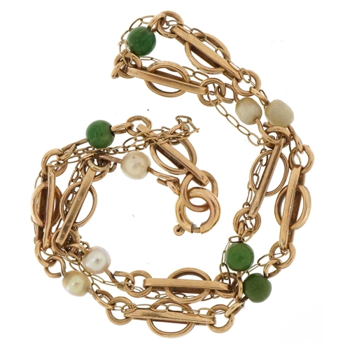 2113 - 9ct gold turquoise and seed pearl bracelet, 19cm in length, 4.0g