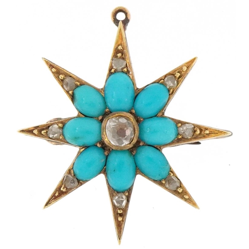 2083 - Antique unmarked gold diamond and blue enamel starburst pendant brooch, the central diamond approxim... 