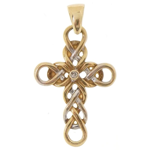 2346 - Renaissance Revival 9ct two tone gold diamond solitaire cross pendant, 2.8cm high, 1.4g