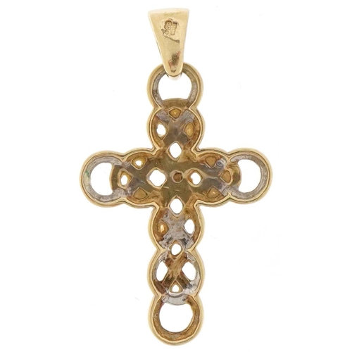 2346 - Renaissance Revival 9ct two tone gold diamond solitaire cross pendant, 2.8cm high, 1.4g