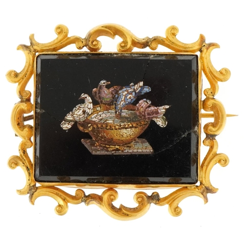Italian 19th century pietra dura brooch with yellow metal mount decorated with birds around a birdbath, 5.5cm wide, 23.8g