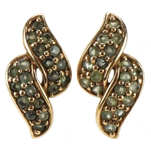 2188 - Pair of 9ct gold green stone crossover stud earrings, each 1.5cm high, total 3.0g