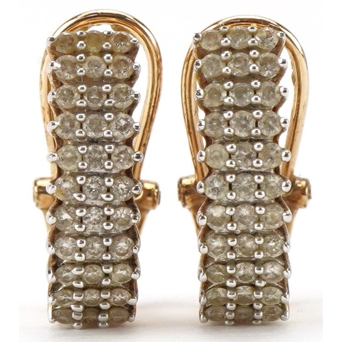 2008 - Pair of 9ct gold diamond three row half hoop earrings, each 1.7cm high, total 3.0g