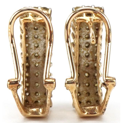 2008 - Pair of 9ct gold diamond three row half hoop earrings, each 1.7cm high, total 3.0g