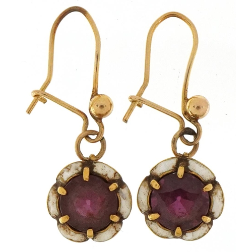 2295 - Pair of antique unmarked gold amethyst and white enamel drop earrings, each 2.7cm high, total 3.0g