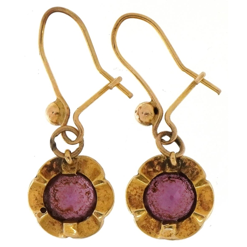 2295 - Pair of antique unmarked gold amethyst and white enamel drop earrings, each 2.7cm high, total 3.0g