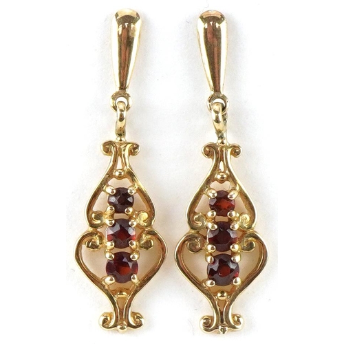 2292 - Pair of 9ct gold garnet drop earrings, each 2.5cm high, total 1.5g