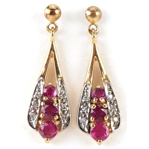 2306 - Pair of 9ct gold ruby and diamond drop earrings, each 2.3cm high, total 1.8g