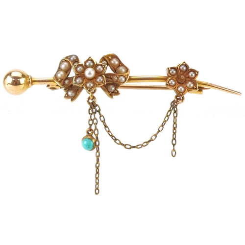 2119 - Art Nouveau unmarked gold seed pearl and turquoise bar brooch, 5cm wide, 4.4g