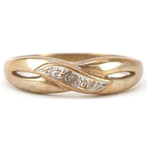 2380 - 9ct gold diamond crossover ring, size N, 2.2g