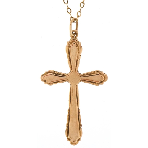 2453 - 9ct gold cross pendant on a 9ct gold necklace, 3.5cm high and 48cm in length, total 1.7g