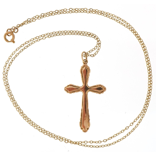 2453 - 9ct gold cross pendant on a 9ct gold necklace, 3.5cm high and 48cm in length, total 1.7g