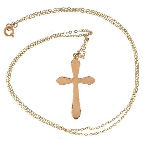 2453 - 9ct gold cross pendant on a 9ct gold necklace, 3.5cm high and 48cm in length, total 1.7g