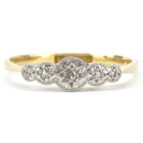 2053 - Art Deco 18ct gold and platinum diamond ring, size K, 1.4g