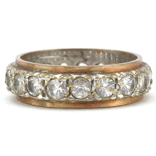 2156 - 9ct two tone gold white spinel eternity ring, size L, 4.2g