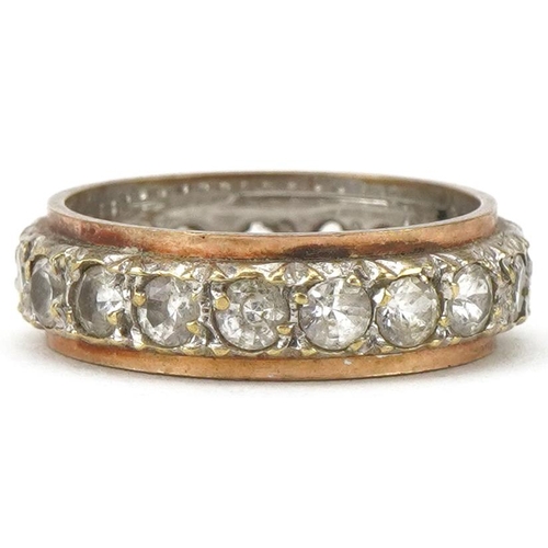 2156 - 9ct two tone gold white spinel eternity ring, size L, 4.2g