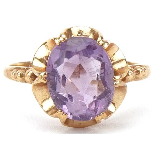 2154 - 9ct gold amethyst solitaire ring, size M, 2.2g