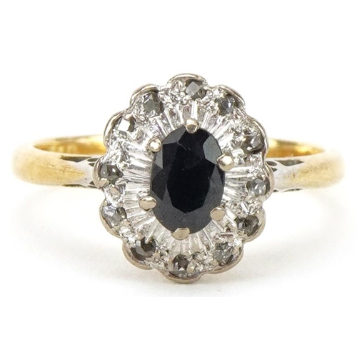 2140 - 18ct gold diamond and sapphire cluster ring, size N, 4.1g