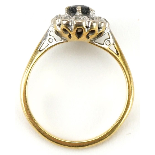 2140 - 18ct gold diamond and sapphire cluster ring, size N, 4.1g