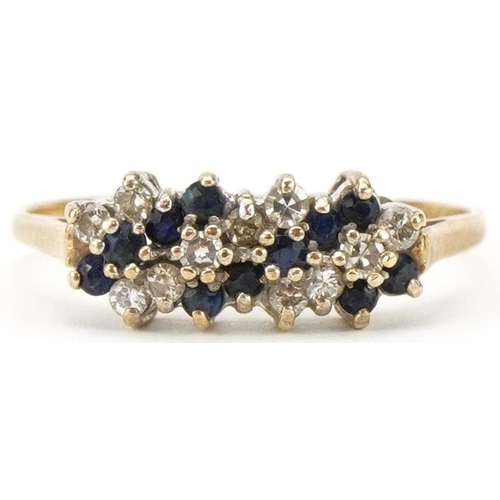 2136 - 9ct gold diamond and sapphire six row cluster ring, size Q/R, 1.6g