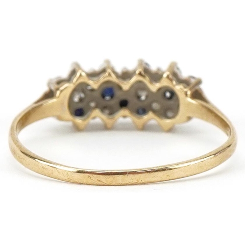 2136 - 9ct gold diamond and sapphire six row cluster ring, size Q/R, 1.6g