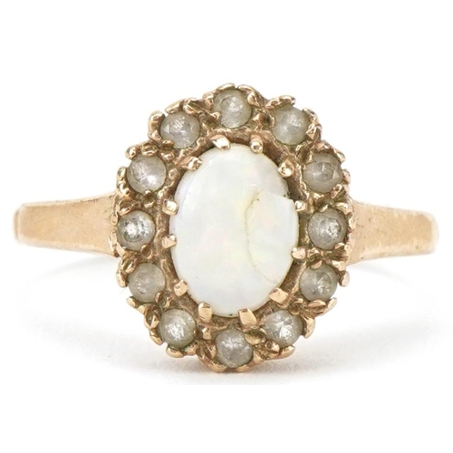 2311 - 9ct gold cabochon opal and clear stone cluster ring, size K, 2.1g