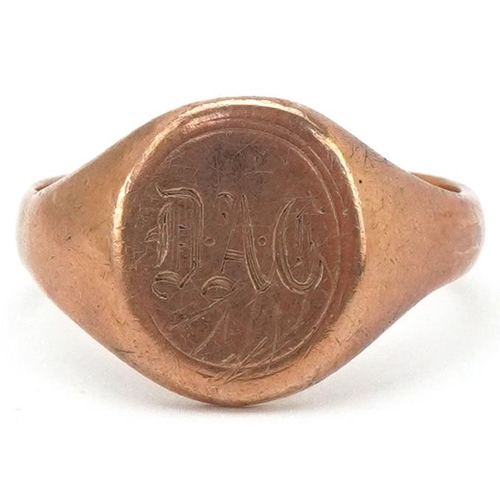 2324 - 9ct rose gold engraved signet ring, size R, 5.7g