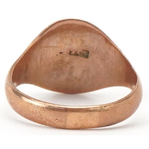 2324 - 9ct rose gold engraved signet ring, size R, 5.7g