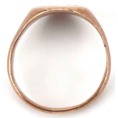 2324 - 9ct rose gold engraved signet ring, size R, 5.7g