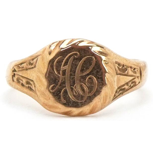 2320 - 9ct gold engraved signet ring, size J, 2.6g