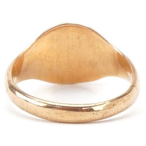 2320 - 9ct gold engraved signet ring, size J, 2.6g