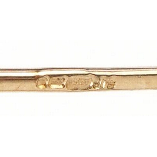 2071 - Modernist 9ct two tone gold cultured pearl bar brooch housed in a W Bruford jeweller's box, 4.2cm wi... 