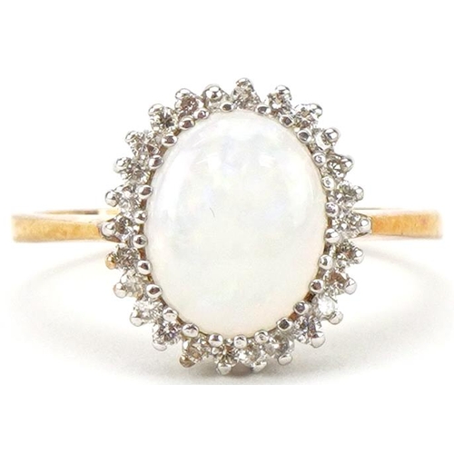 2146 - 9ct gold cabochon opal and diamond cluster ring, the opal approximately 9.80mm x 7.80mm x 2.80mm dee... 