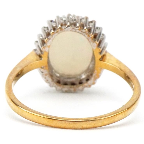 2146 - 9ct gold cabochon opal and diamond cluster ring, the opal approximately 9.80mm x 7.80mm x 2.80mm dee... 