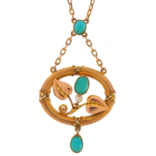 2173 - Manner of Murrel Bennett, Art Nouveau 9ct gold turquoise and seed pearl necklace, 44cm in length, 4.... 