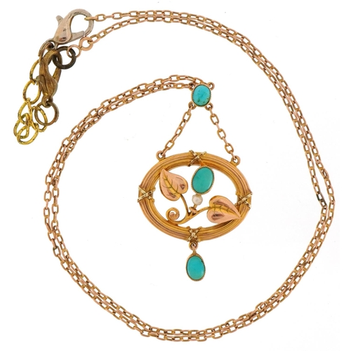 2173 - Manner of Murrel Bennett, Art Nouveau 9ct gold turquoise and seed pearl necklace, 44cm in length, 4.... 