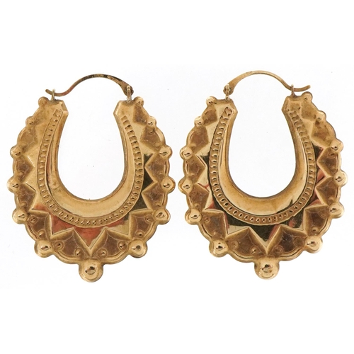 2147 - Pair of large Victorian style 9ct gold Gypsy hoop earrings, each 4cm high, total 3.0g