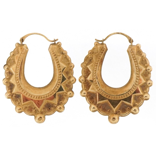 2147 - Pair of large Victorian style 9ct gold Gypsy hoop earrings, each 4cm high, total 3.0g