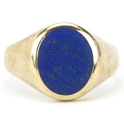 2447 - 9ct gold and lapis lazuli signet ring, size R, 4.8g