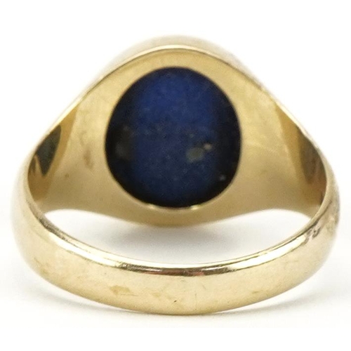 2447 - 9ct gold and lapis lazuli signet ring, size R, 4.8g