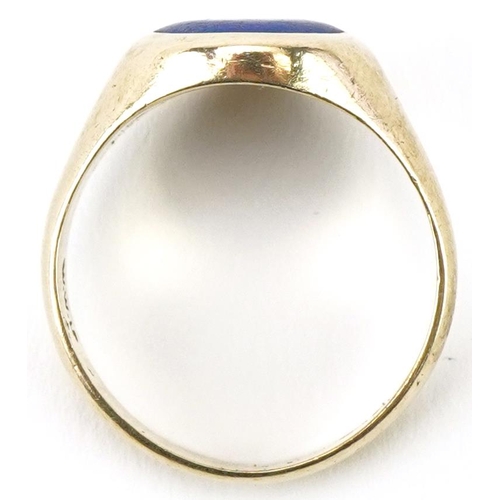 2447 - 9ct gold and lapis lazuli signet ring, size R, 4.8g