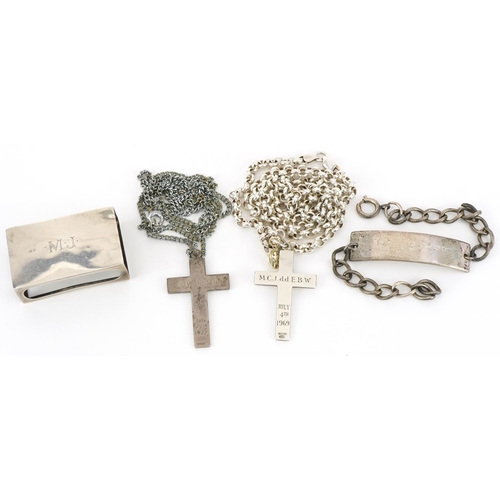 2681 - Silver and white metal jewellery and objects comprising two cross pendants on chains, 9ct gold St Ch... 