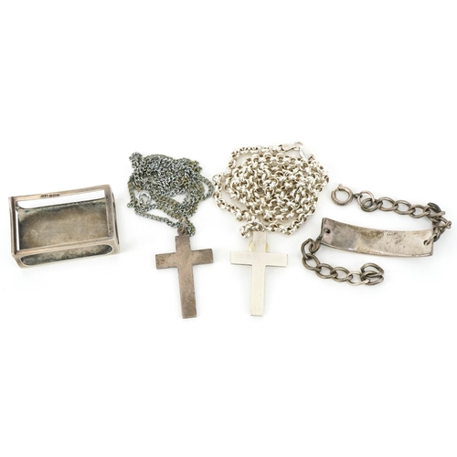 2681 - Silver and white metal jewellery and objects comprising two cross pendants on chains, 9ct gold St Ch... 